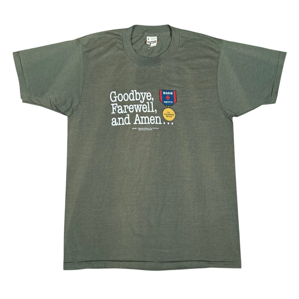 Vintage 1983 MASH 4077th Goodbye Farewell and Amen Shirt Olive Green USA Made M